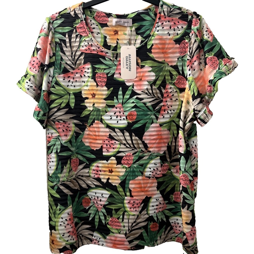 Allison Daley Womens Top Size Plus 1X Tropical Fruit‎ Short Ruffle Sleeve B45